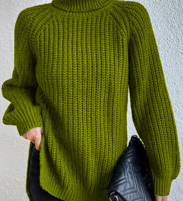 Turtleneck sweater for women with raglan sleeves and split hem
