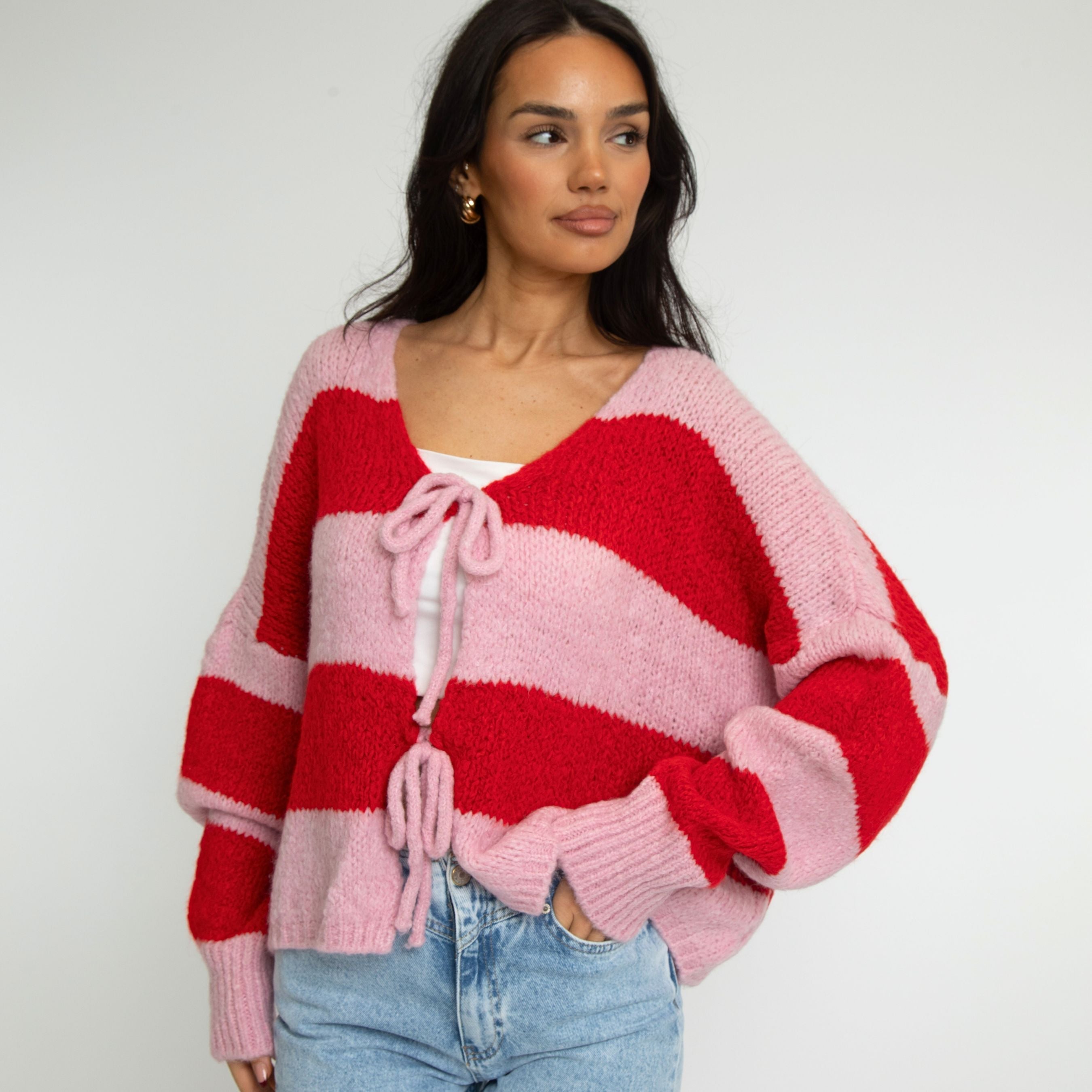Striped V-Neck Tie Cardigan