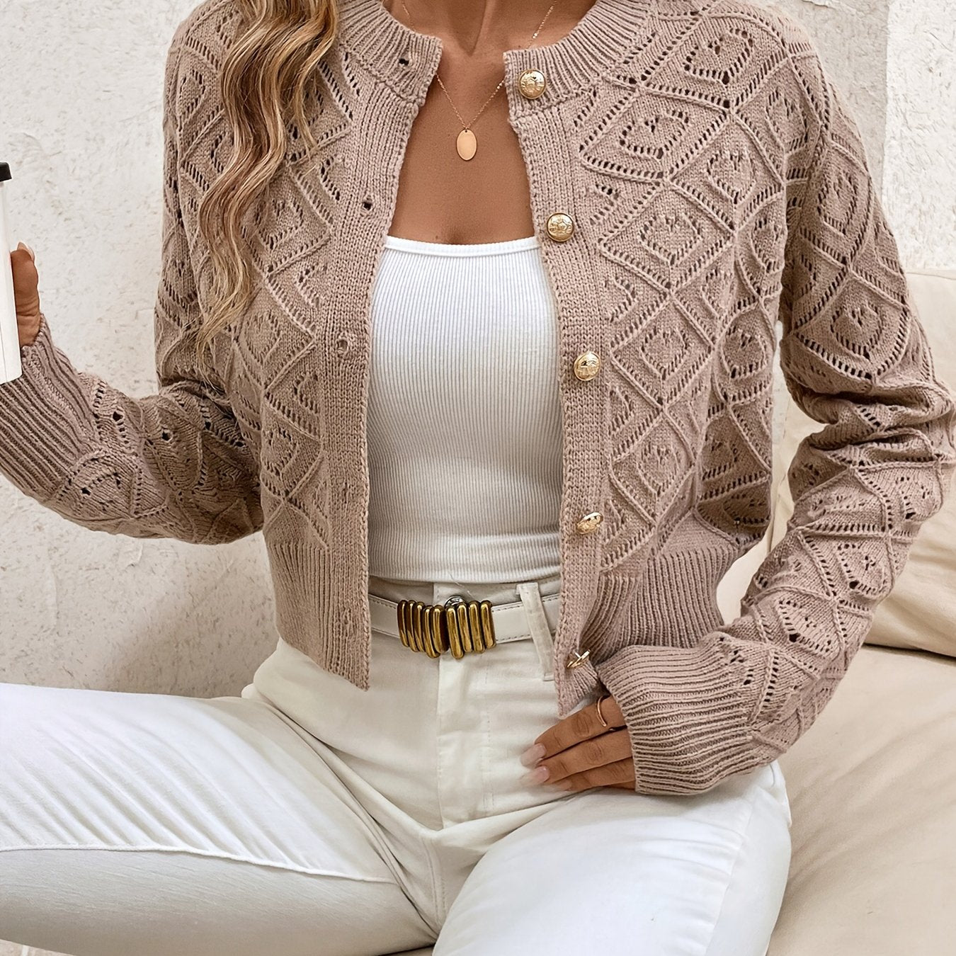 Women's Buttoned Openwork Cardigan - Elegant and Lightweight
