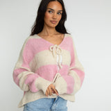 Striped V-Neck Tie Cardigan