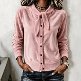 Women's button-front sweater with velvet bow - Soft and refined
