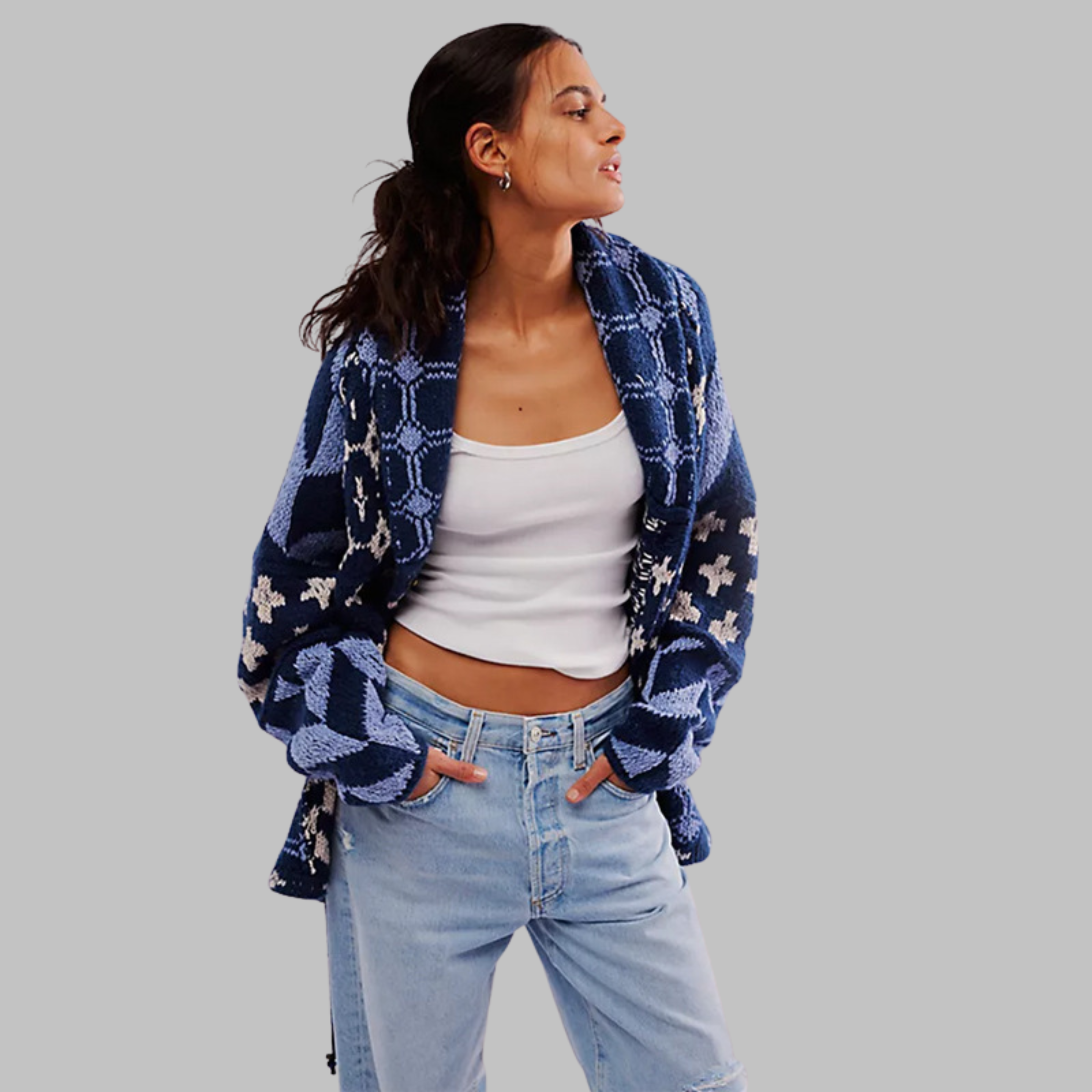 Geometric long women's cardigan - Bold and colourful