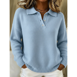 Loose-Fitting Women's Knit Sweater – Classic Collar Long Sleeves Polo Shirt