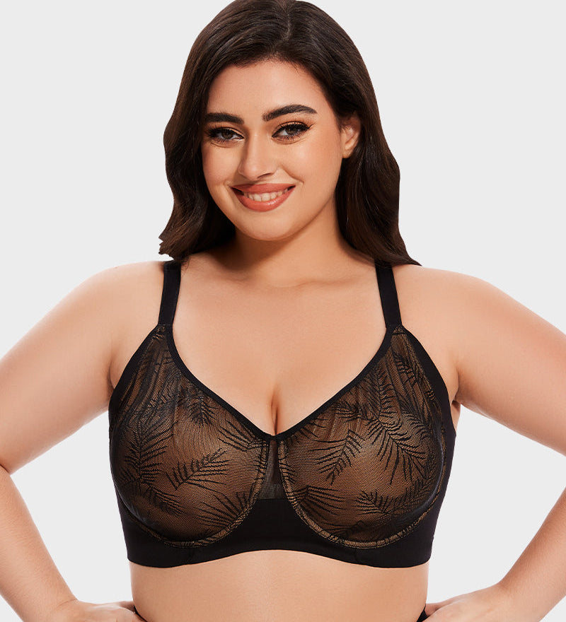 Leaf Pattern Lace Full Coverage Unlined Push Up Bra