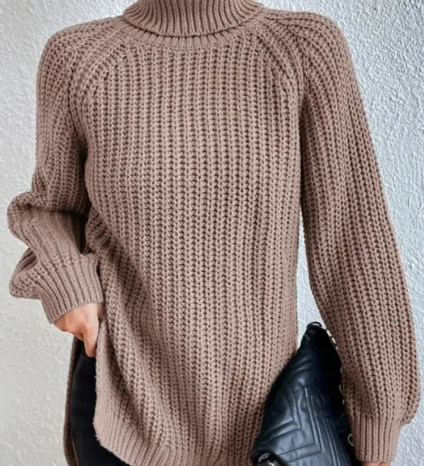 Turtleneck sweater for women with raglan sleeves and split hem