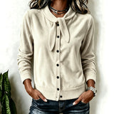 Women's button-front sweater with velvet bow - Soft and refined