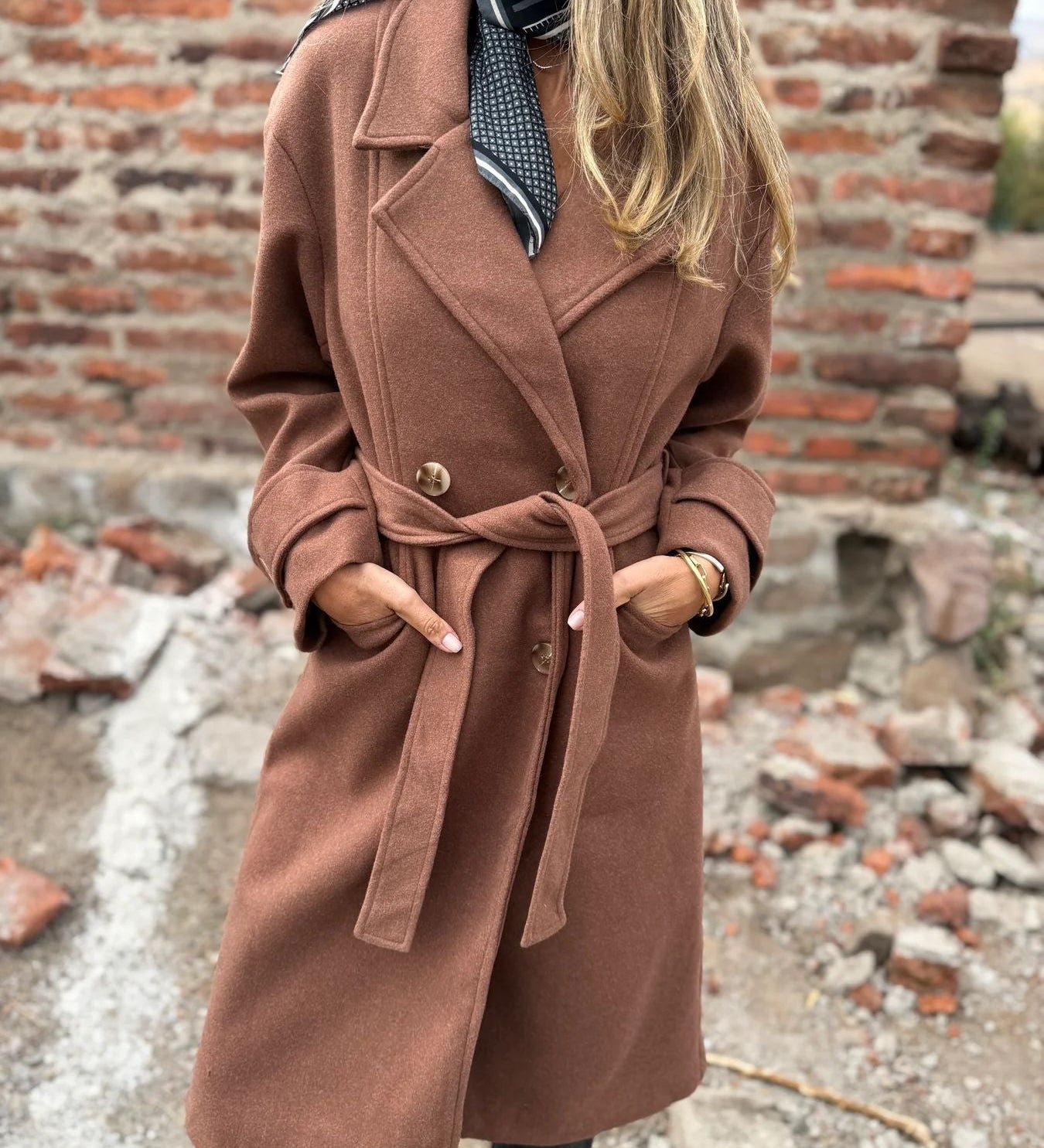 Women's Lace-Up Coat Cardigan – Casual Long-Sleeved Wool-Blend Jacket with Lapels and Pockets