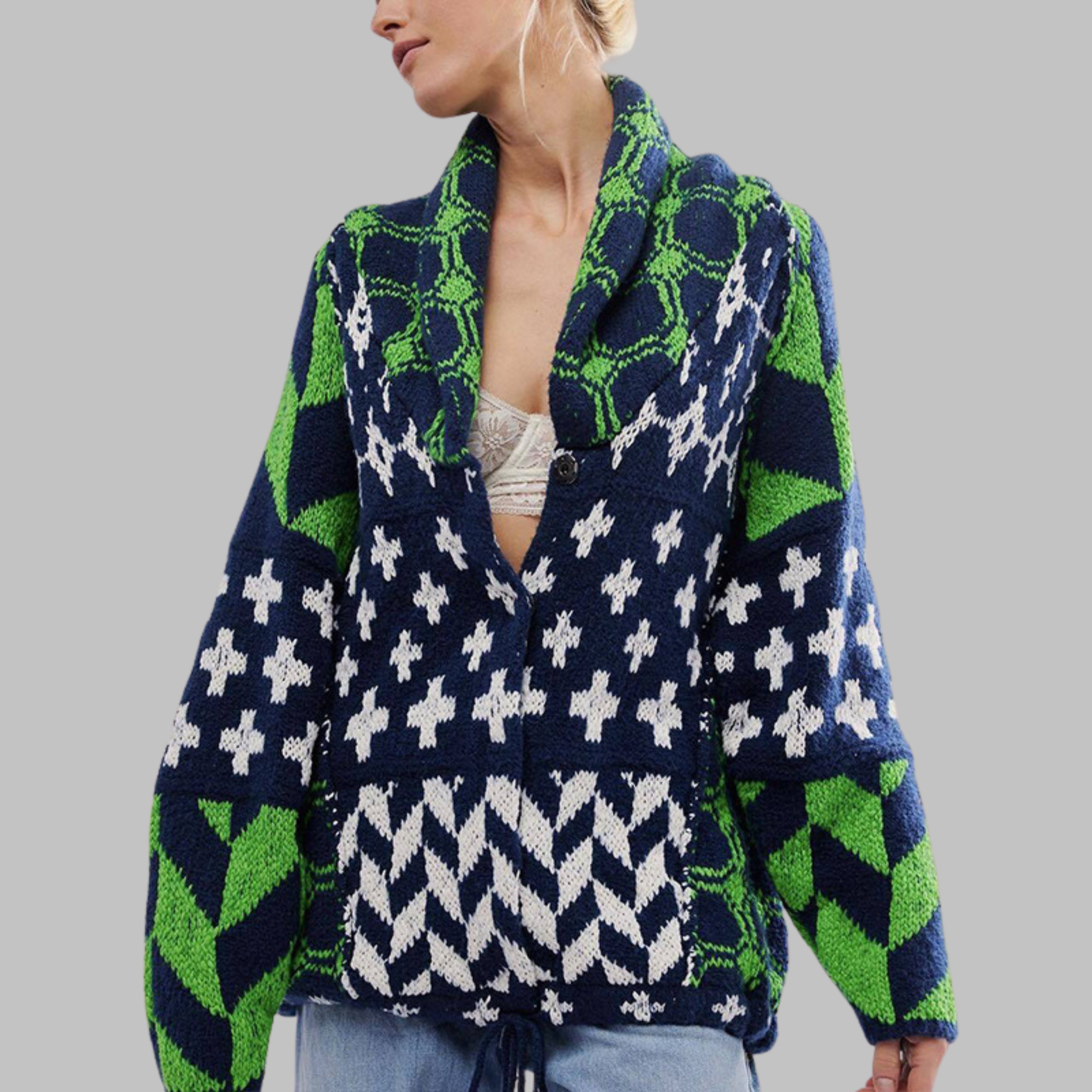 Geometric long women's cardigan - Bold and colourful