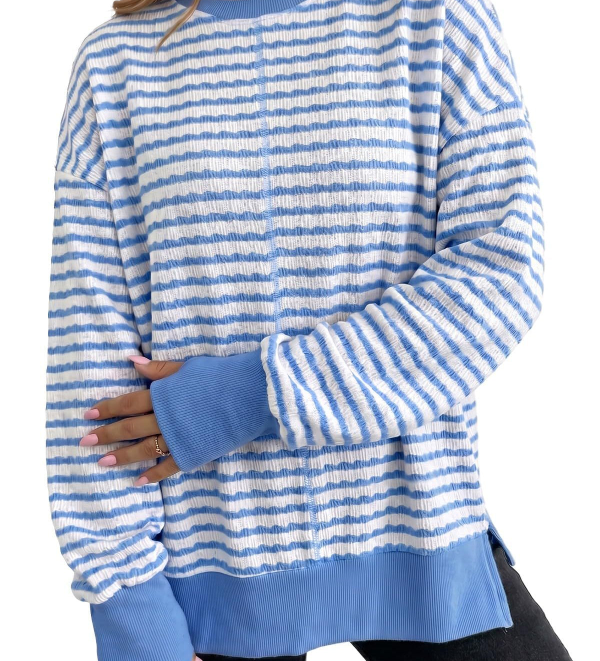 Striped women's sweater with side slits - Casual and soft