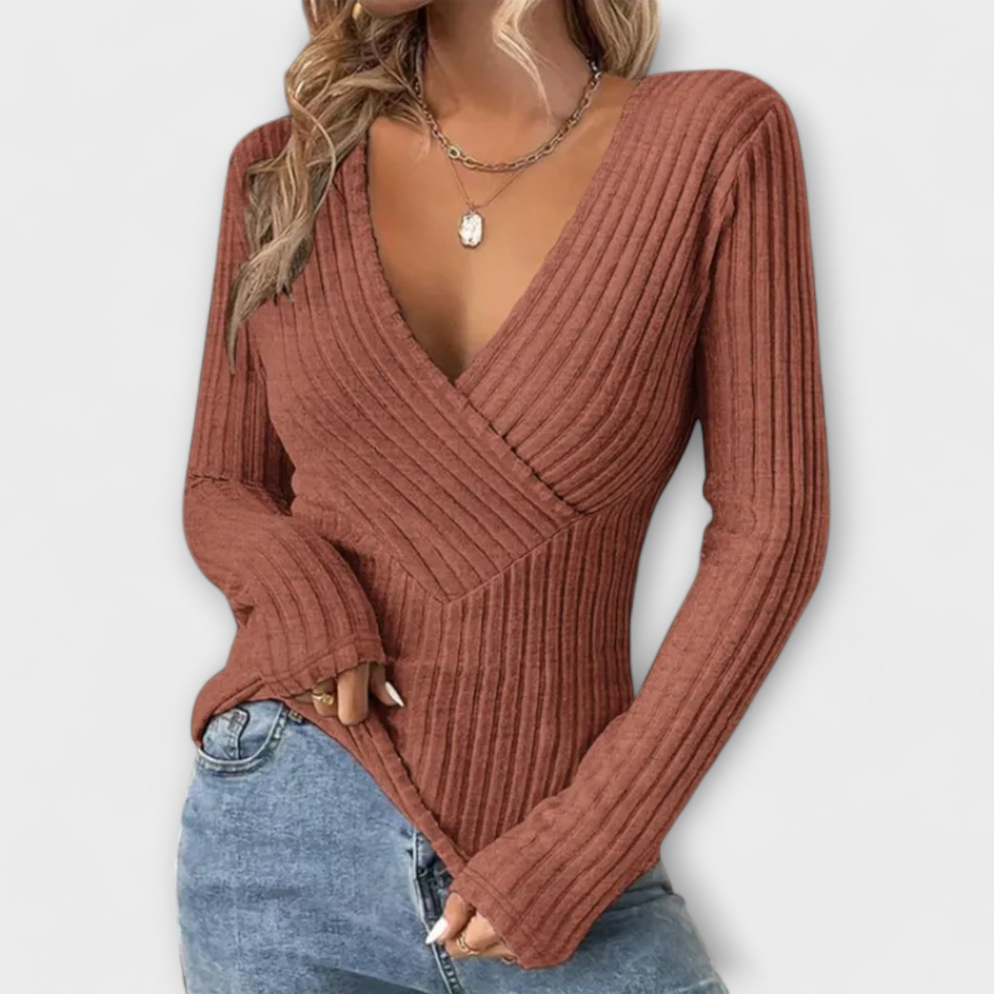 Women's V-Neck Twist Pullover – Ribbed Knit with Long Surplice Sleeves