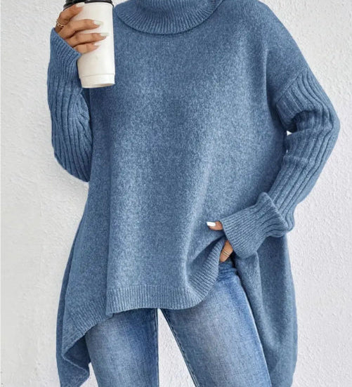 Irregular Turtleneck Sweater for Women – Loose Knitted Sweater with Long Sleeves