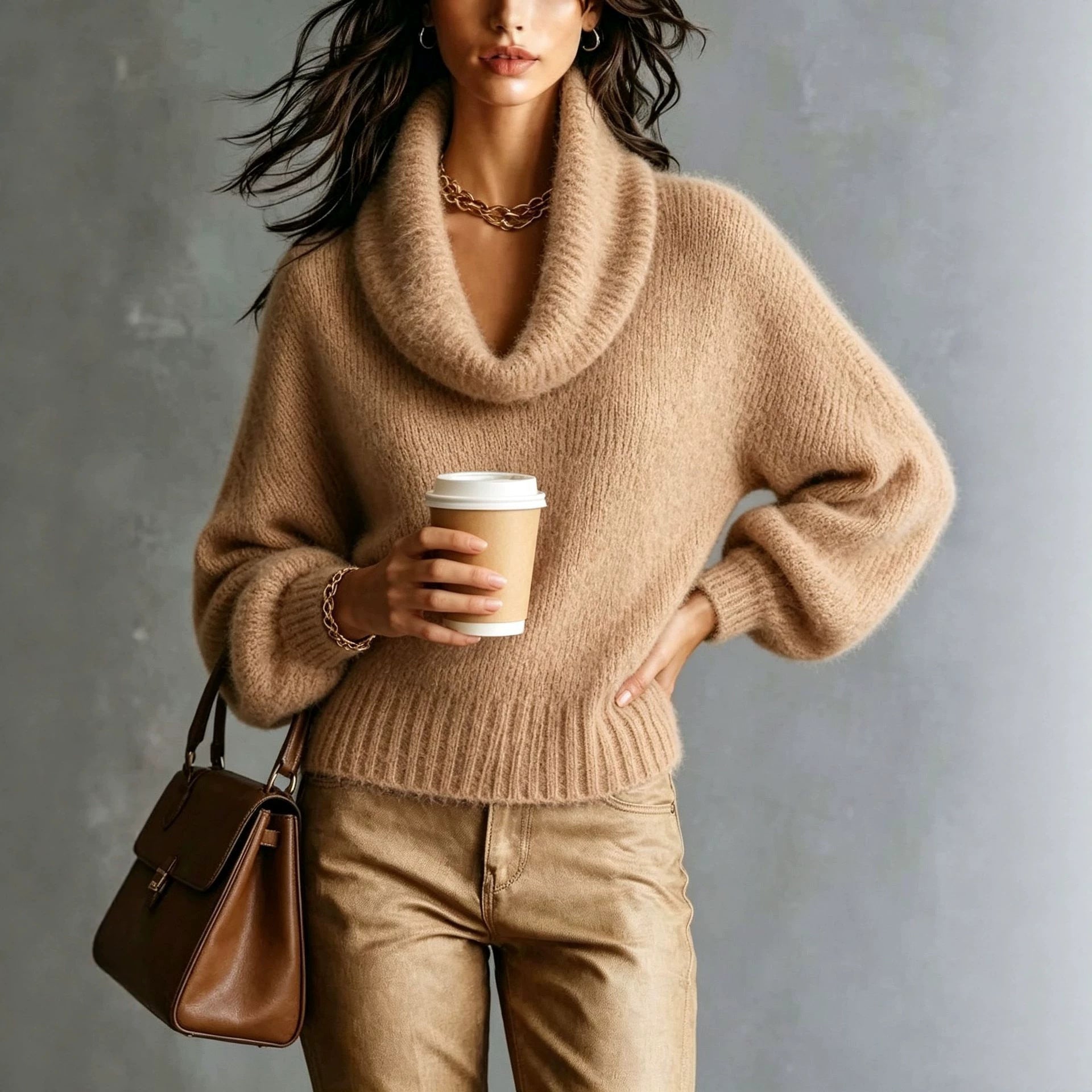 Women's turtleneck sweater with puff sleeves - Soft and trendy