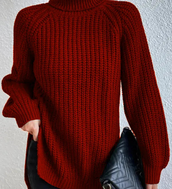 Turtleneck sweater for women with raglan sleeves and split hem