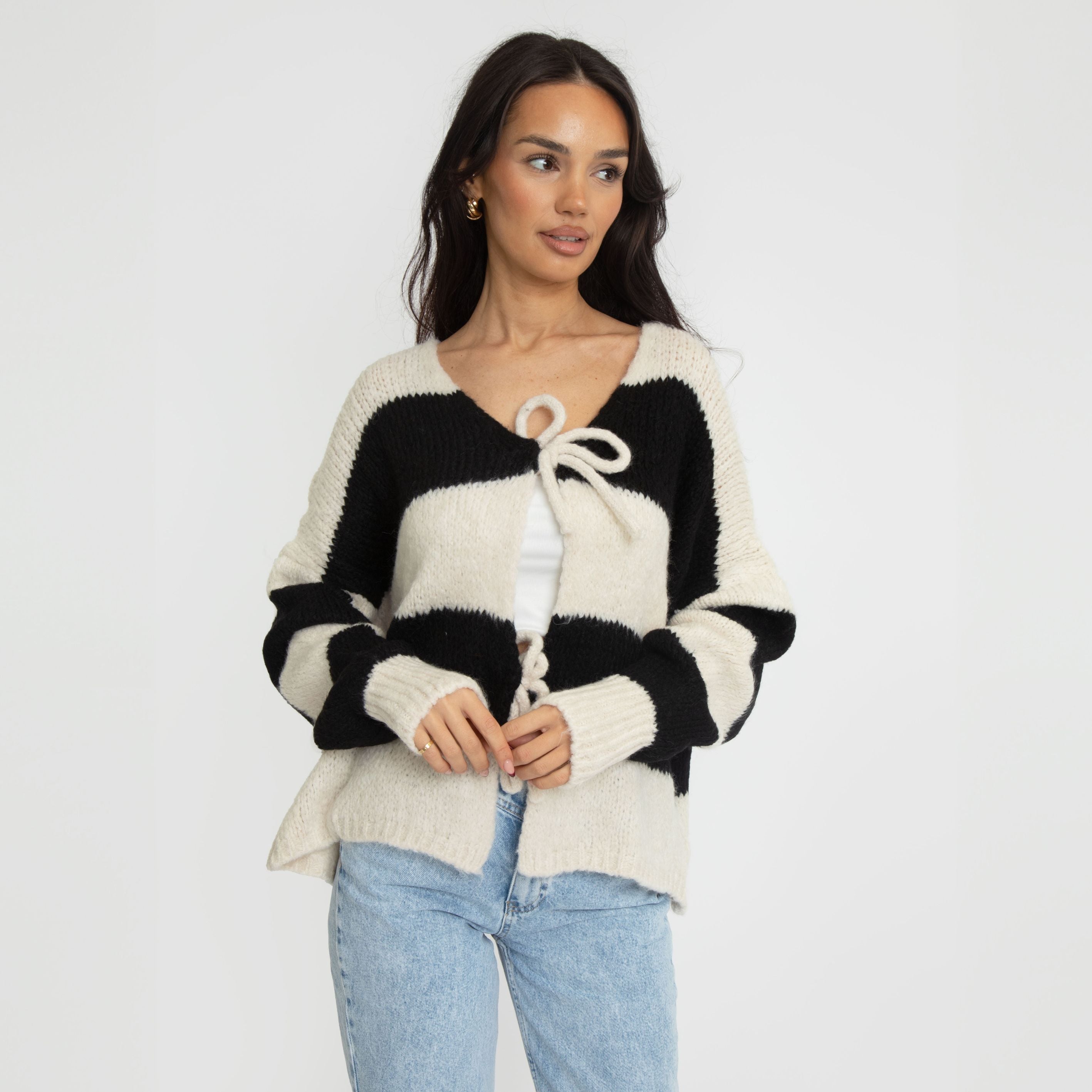 Striped V-Neck Tie Cardigan