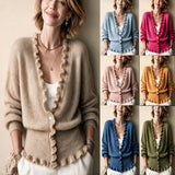 Women's V-neck cardigan with ruffled hem - Soft and feminine