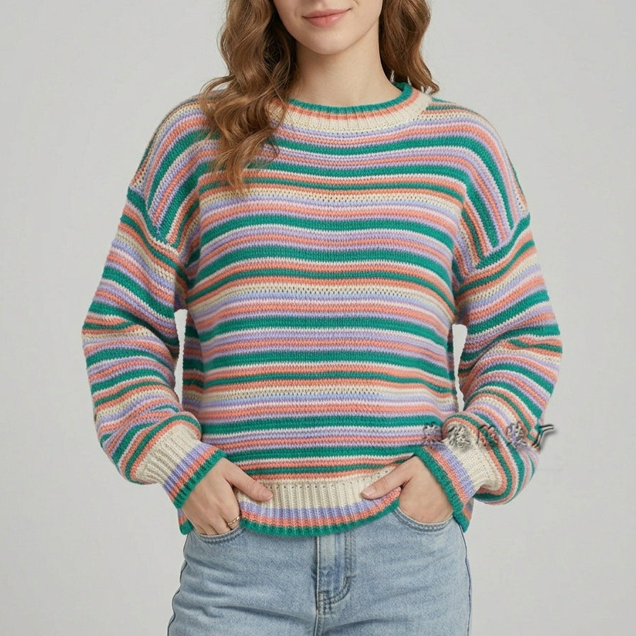 Women's Striped Crew Neck Knit Sweater – Relaxed Fit, Casual and Comfortable Style