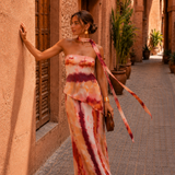 Long printed dress with strapless neckline