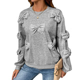 Soft Women's Sweater with Sewn Knot – Casual Grey Round Neck Sweatshirt