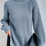 Turtleneck sweater for women with raglan sleeves and split hem