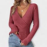 Women's V-Neck Twist Pullover – Ribbed Knit with Long Surplice Sleeves