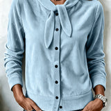 Women's button-front sweater with velvet bow - Soft and refined