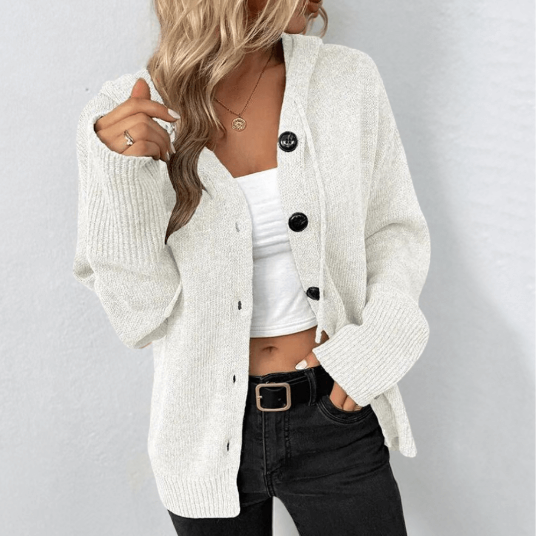 Knitted Hooded Vest Cardigan for Women – Casual V-Neck Buttoned Long Sleeves