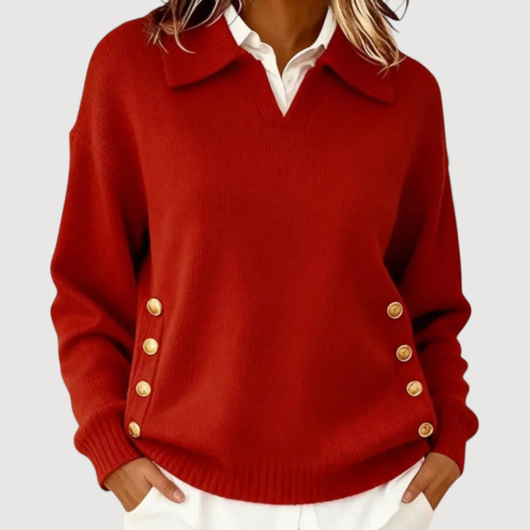 Long-Sleeved Women's Knitted Sweater – Elegant Classic Buttoned Collar