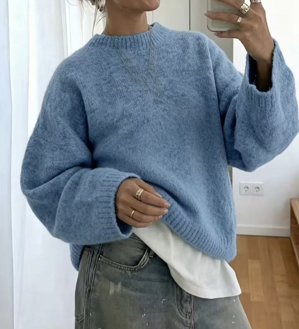 Loose-fit women's solid-colour knitted sweater – Soft and easy to wear