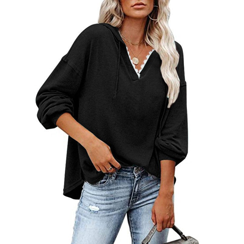 Women's V-neck lace hoodie sweatshirt with long sleeves