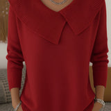 Ribbed Collar Knitted Sweater for Women – Elegant Long Sleeve Sweater