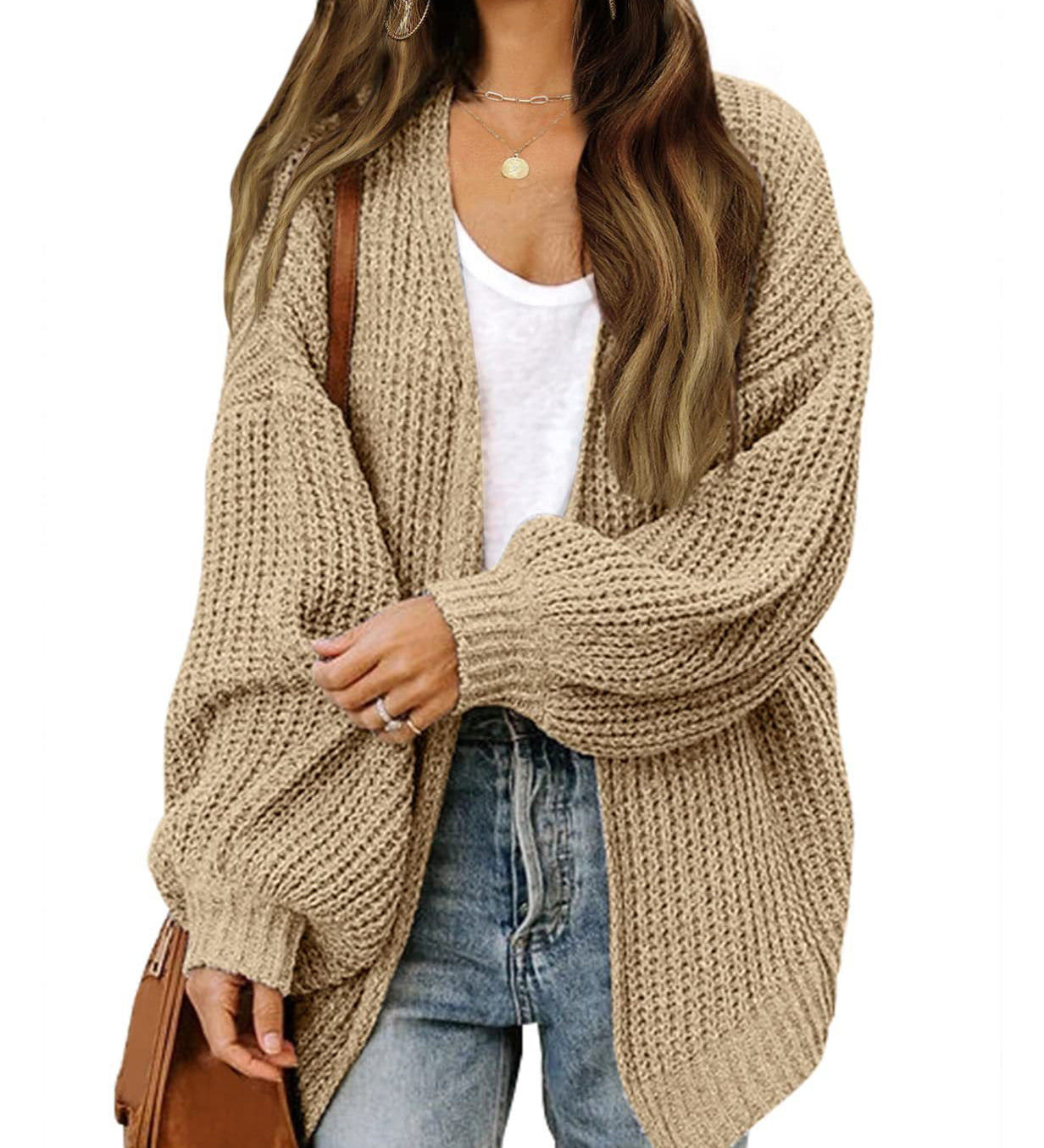 Women's chunky knit coatigan – Comfortable oversized style with lantern sleeves
