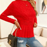 Elegant Ribbed Sweater with Peplum for Women – Thick Knit Round Neck
