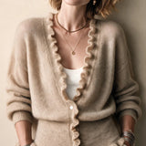 Women's V-neck cardigan with ruffled hem - Soft and feminine