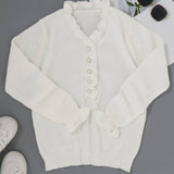 Elegant white sweater with V-neck for women – Ruffle details