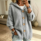 Women's Solid Hooded Cardigan – Casual Everyday Design in Long-Sleeved Knit with Buttons