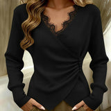 Elegant Fine Knit Top with V-Neck for Women – Asymmetrical Knot Blouse with Lace Trim