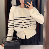 Women's striped crew-neck knit cardigan – A casual and comfortable style, ideal for layering every day