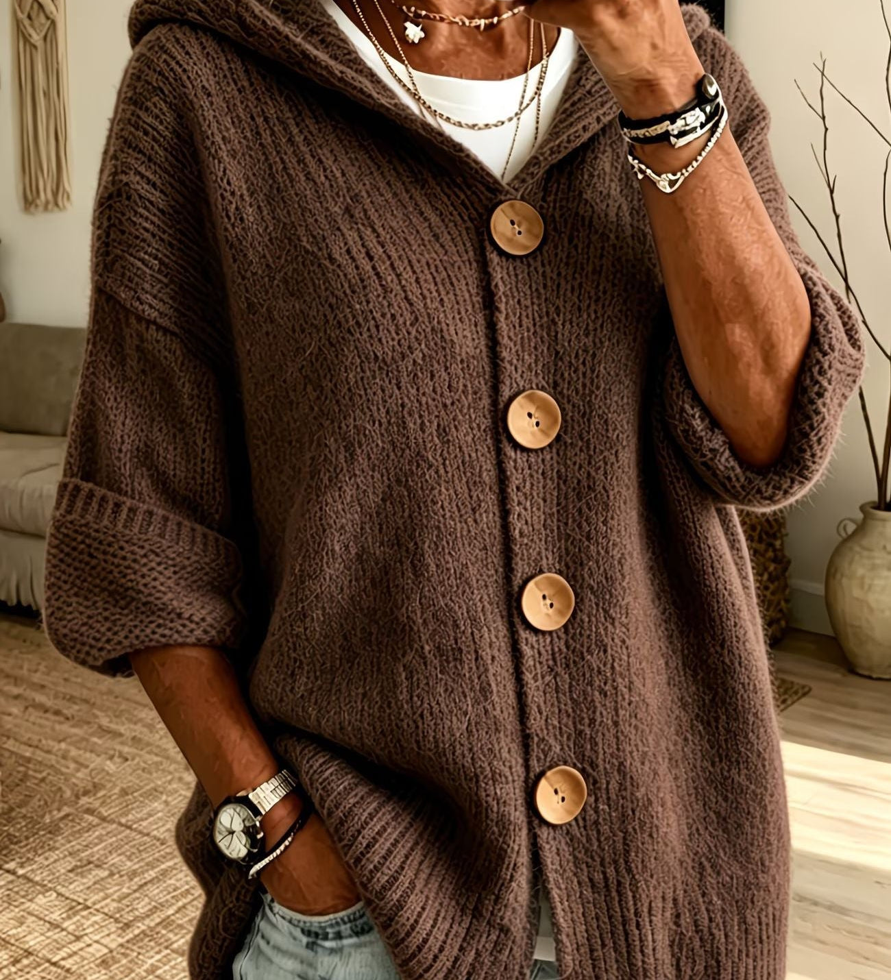 Women's Solid Hooded Cardigan – Casual Everyday Design in Long-Sleeved Knit with Buttons