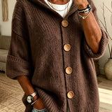 Women's Solid Hooded Cardigan – Casual Everyday Design in Long-Sleeved Knit with Buttons