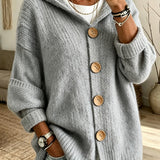 Women's Solid Hooded Cardigan – Casual Everyday Design in Long-Sleeved Knit with Buttons