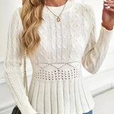 Elegant Ribbed Sweater with Peplum for Women – Thick Knit Round Neck