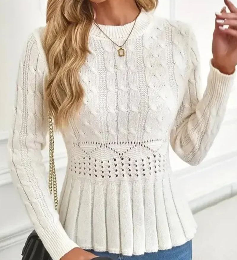 Elegant Ribbed Sweater with Peplum for Women – Thick Knit Round Neck