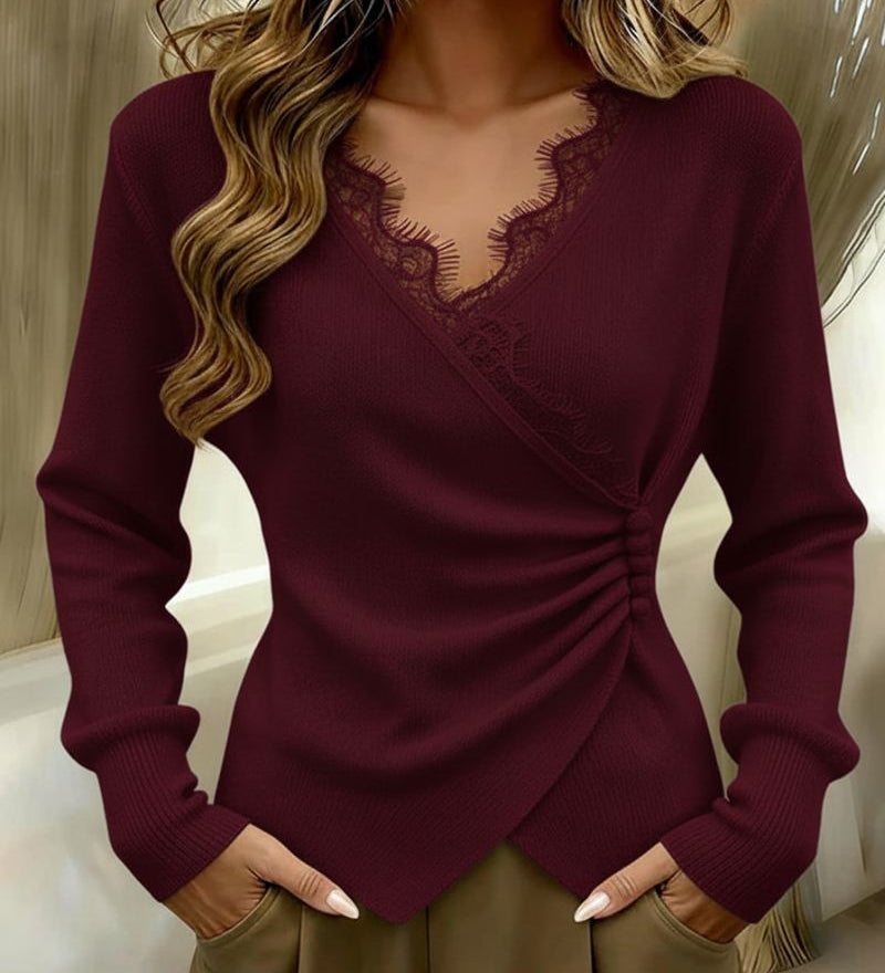 Elegant Fine Knit Top with V-Neck for Women – Asymmetrical Knot Blouse with Lace Trim