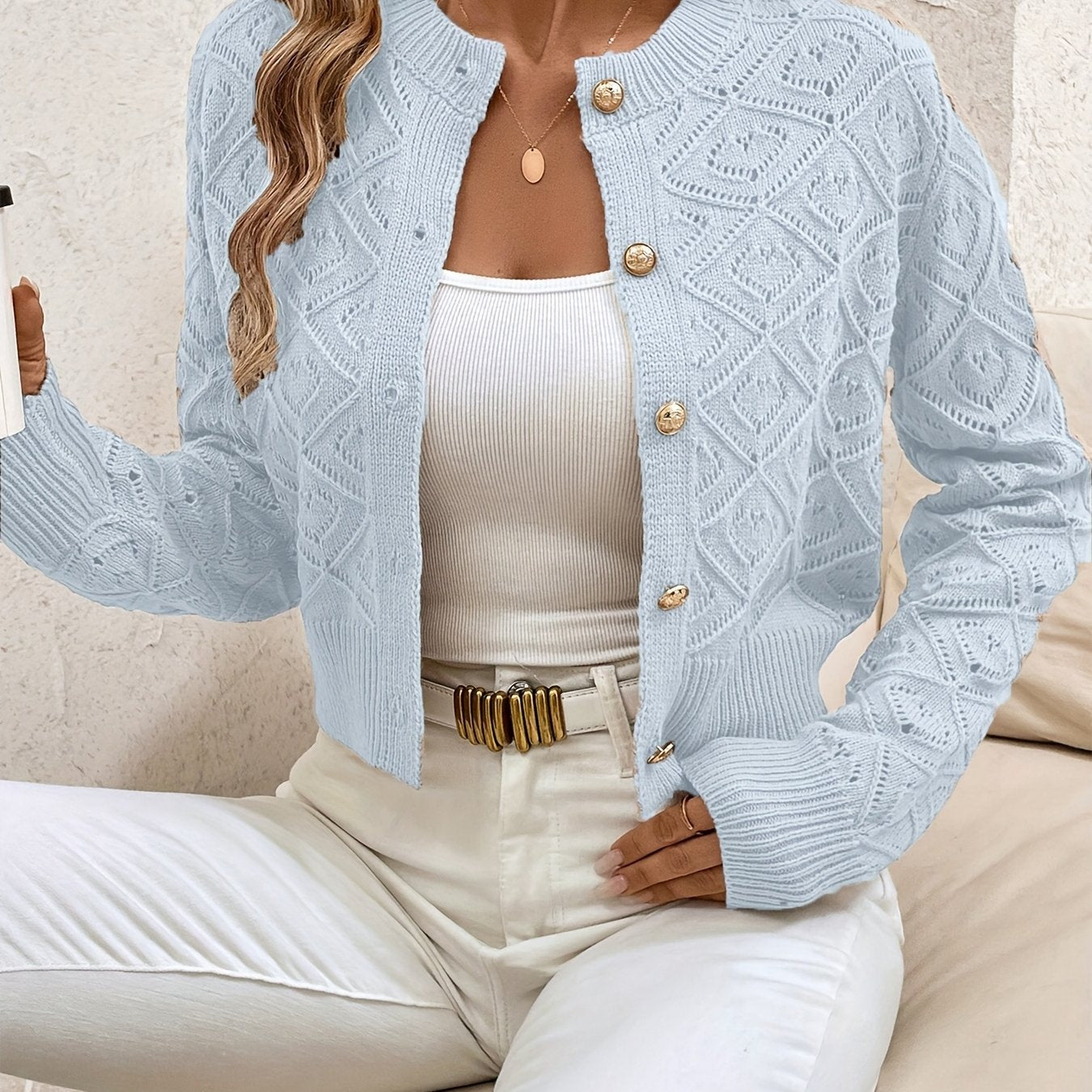 Women's Buttoned Openwork Cardigan - Elegant and Lightweight