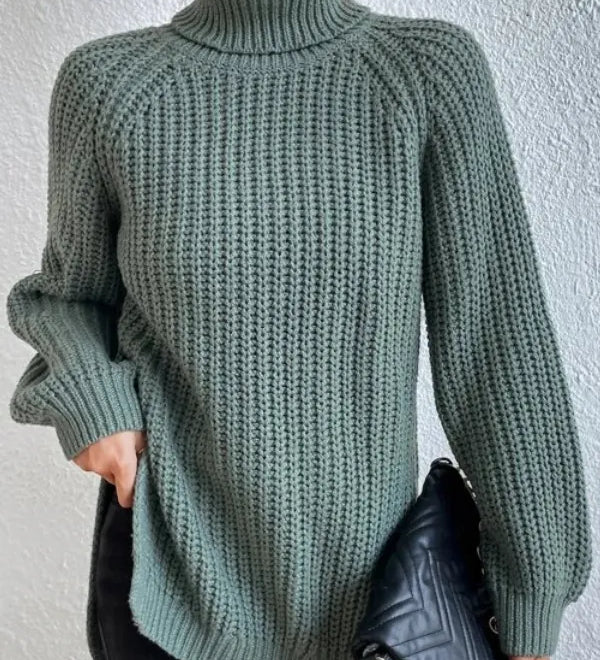 Turtleneck sweater for women with raglan sleeves and split hem