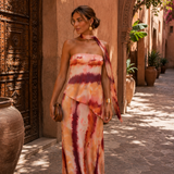 Long printed dress with strapless neckline