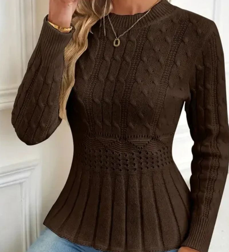 Elegant Ribbed Sweater with Peplum for Women – Thick Knit Round Neck