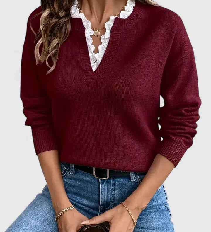 Knitted V-neck jumper for women – Casual long-sleeve pullover