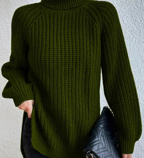 Turtleneck sweater for women with raglan sleeves and split hem