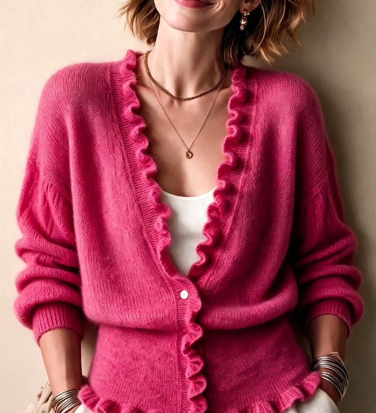 Women's V-neck cardigan with ruffled hem - Soft and feminine
